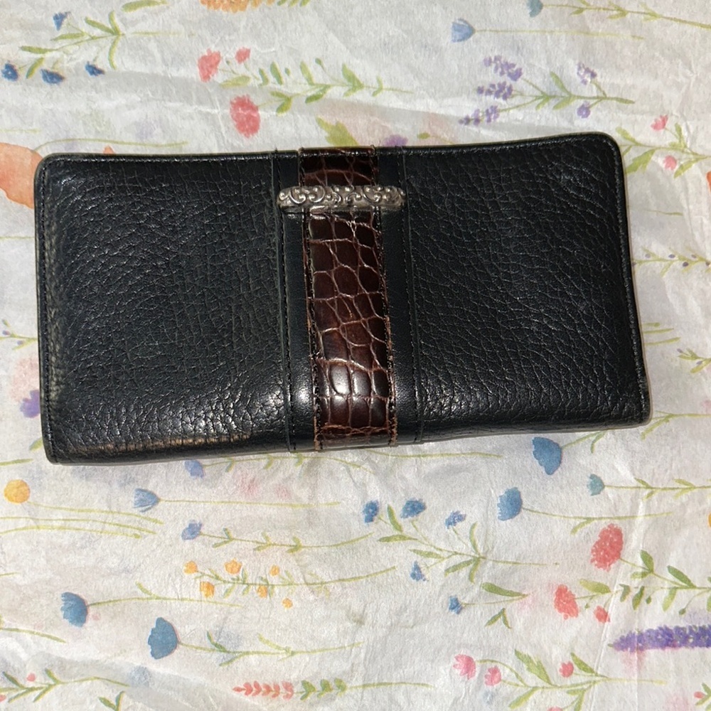 Brighton Black Leather Wallet with Brown Patterned Interior